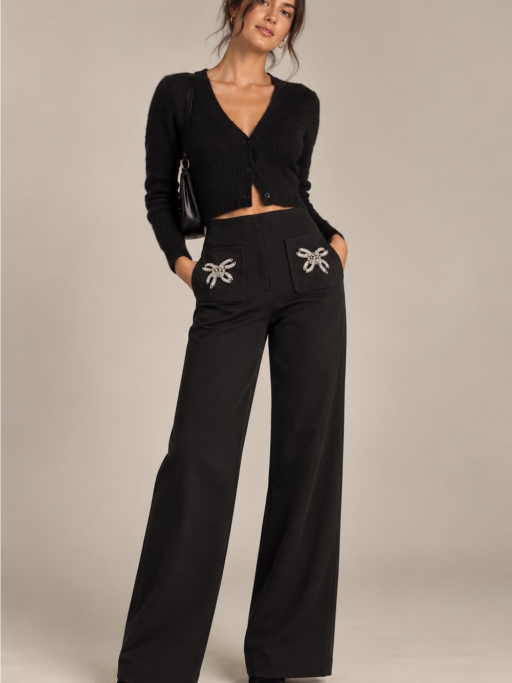 Anthropologie Black Wide-Leg Pants with Crystal Pocket Motifs